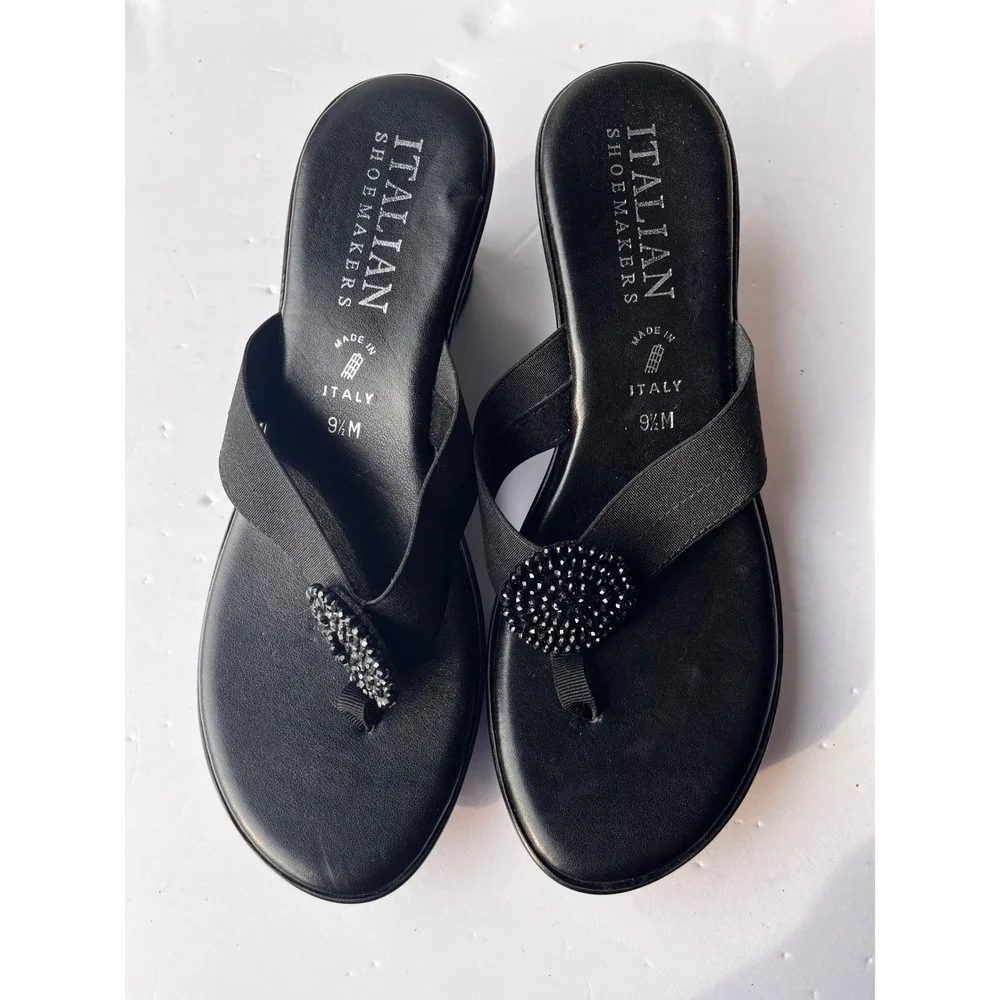 Italian Shoemakers Womens Black Wedge Sandals Beaded Elastic Straps Size 9.5